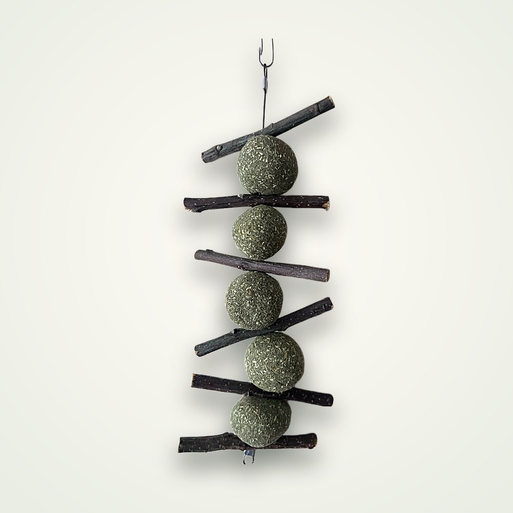 Five compressed grass balls with apple wood sticks hanging rabbit toy wholesale