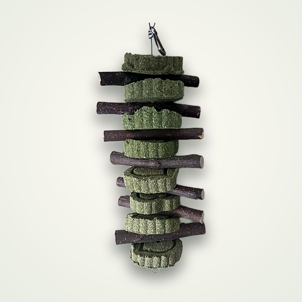 Compressed timothy alfalfa grass cakes on apple wood sticks, hanging rabbit chew toy wholesale